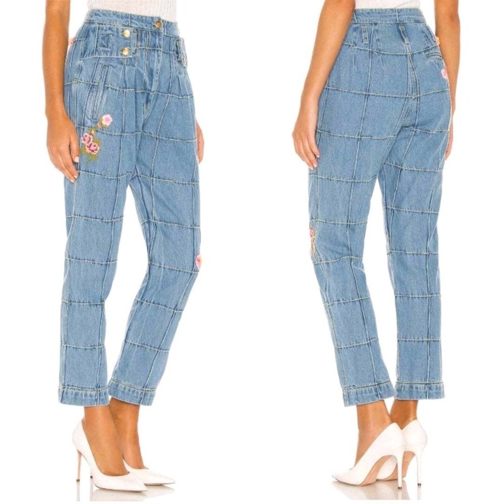 Loveshackfancy Women Embroidered Floral Marika High Rise Denim Ankle Jeans Sz 10